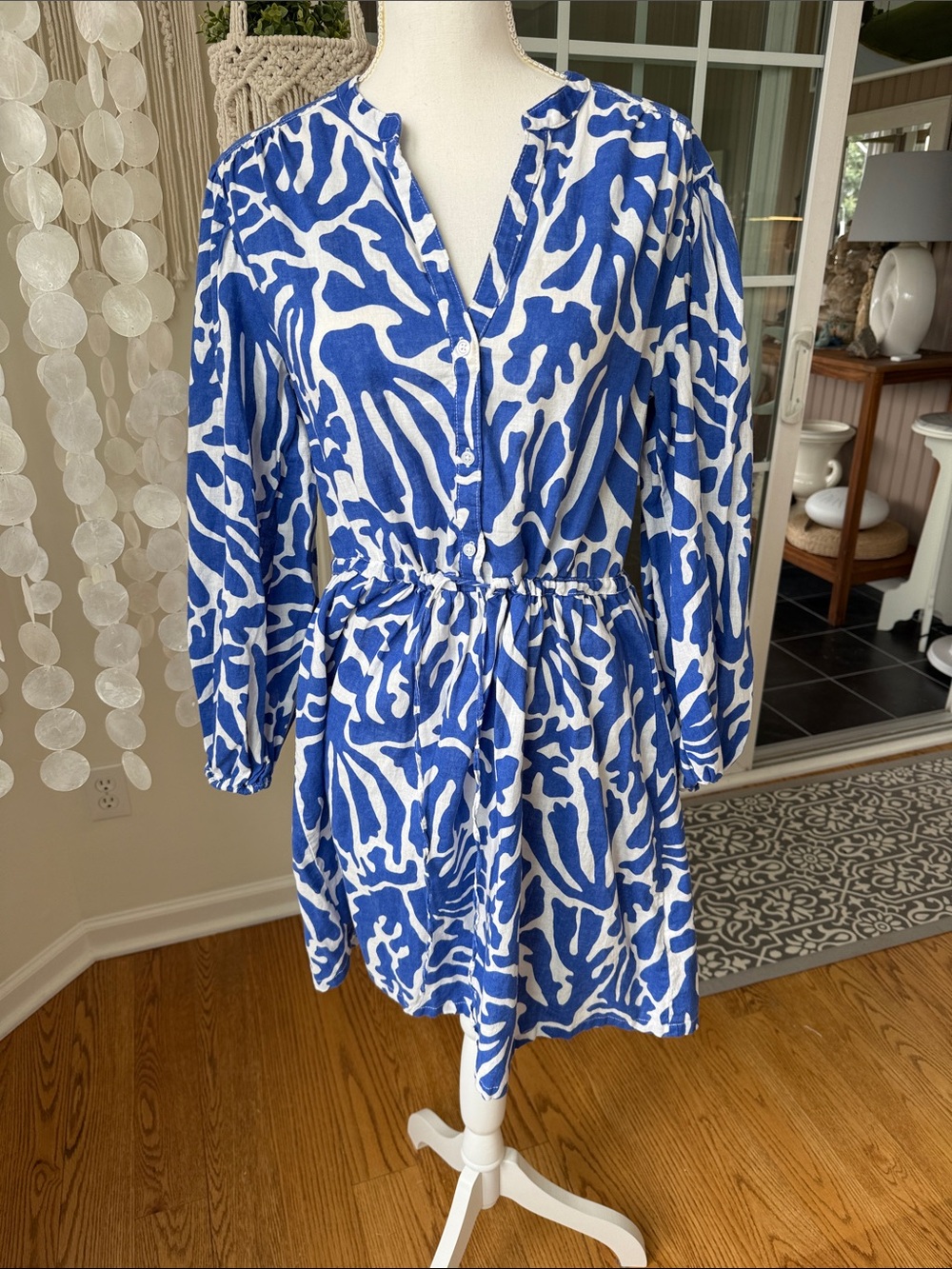 Blue & White Linen Cotton Greece Abstract Printed Button-Front Dress